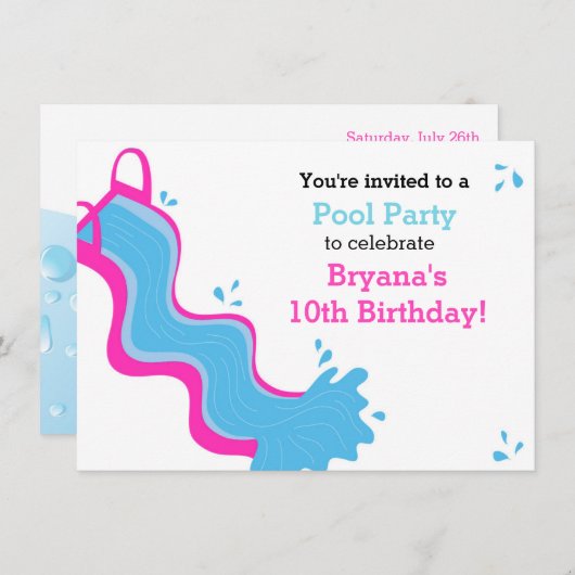 Rosa Wasserrutsche Pool Schwimmbad Party Girls Ein Einladung (Vorne/Hinten)