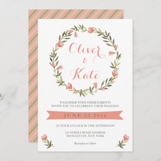 Rosa Watercolor Blumenreath Einladung (Vorne/Hinten)