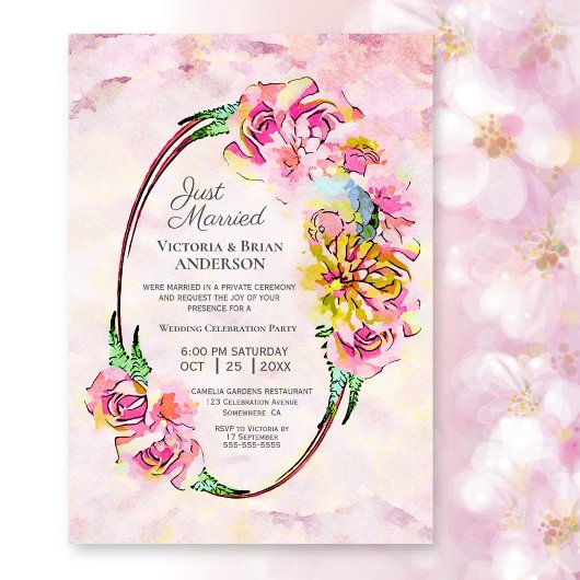 Rosa Watercolor Floral Hochzeitsempfang Einladung