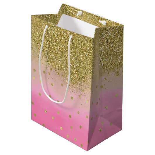 Rosa Watercolor-Imitat-GoldGlitzerConfetti Mittlere Geschenktüte (Vorderseite Schrägansicht)
