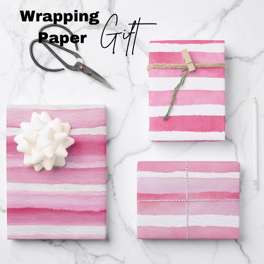 Rosa Watercolor-Streifen-Wrap Geschenkpapier Set