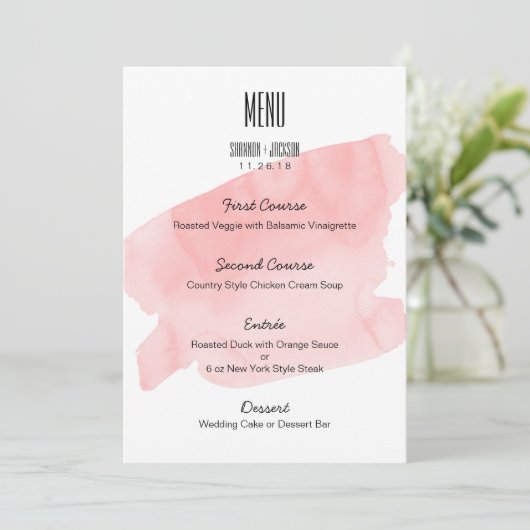 Rosa Watercolor Wash Wedding Menu Menükarte (Stehend Vorderseite)