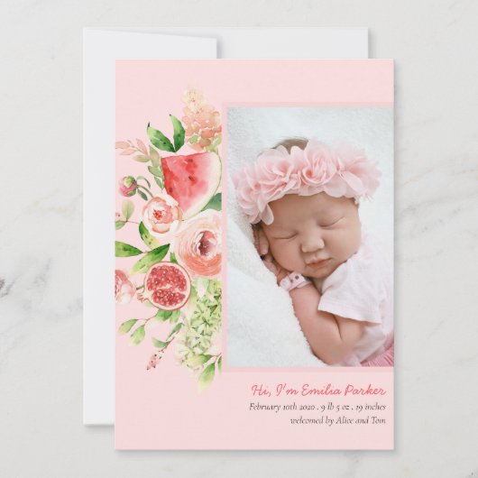 Rosa Watermelon | Moderne Elegante Blumengeburt Ankündigung (Vorderseite)