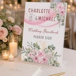 Rosa Wave & Floral Wedding Gästebuchunterschrift Sockelschild