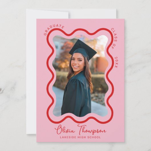 Rosa Wavy Foto Frame Abschluss Einladung (Vorderseite)