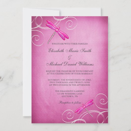 Rosa Wedding Libellen-Wirbel Einladung (Vorderseite)