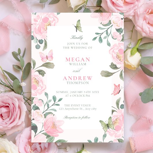Rosa weiche florale Hochzeit  Einladung