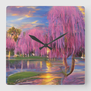 Rosa Weidenbäume bei Sonnenuntergang am Teich Quadratische Wanduhr