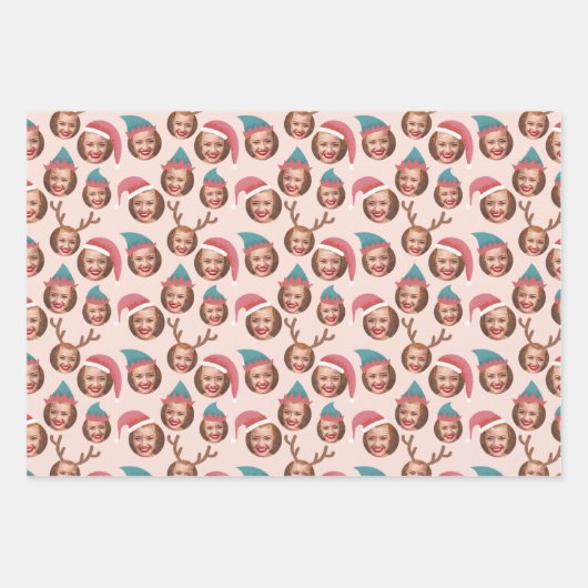 Rosa Weihnachten Crew Drei Fotos Custom Geschenkpapier Set (Vorderseite)