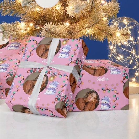 Rosa Weihnachten ein Kreis Foto und Name Schneeman Geschenkpapier (Feiertage)