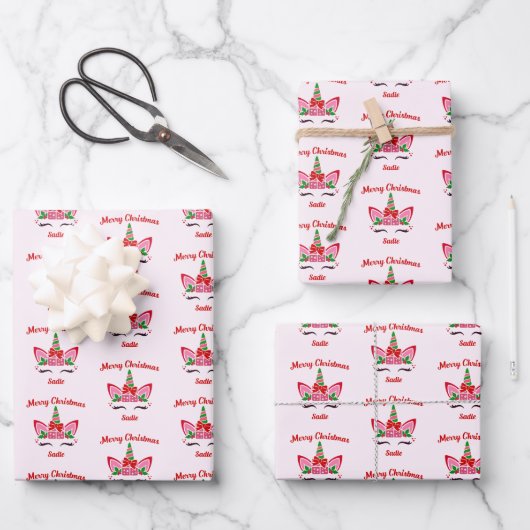 Rosa Weihnachten Einhorn Custom Geschenk Geschenkpapier Set (Vorderseite)