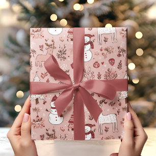 Rosa Weihnachten mit Rentieren & Schneemann Geschenkpapier