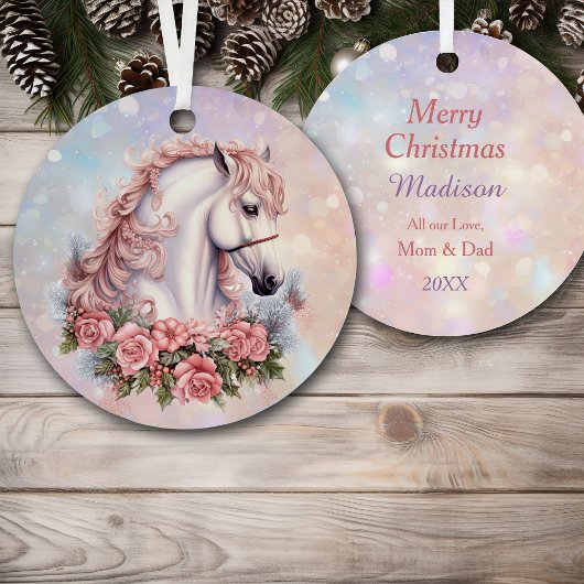 Rosa Weihnachten Rose Bouquet Weißes Pferd Kinder Ornament Aus Metall