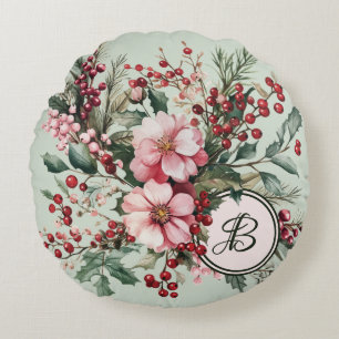 Rosa Weihnachten Wasserfarbe Floral Personalisiert Rundes Kissen