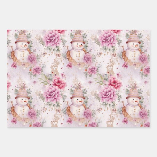 Rosa Weihnachten Winter Snowmen Florenz Wasserfarb Geschenkpapier Set (Vorderseite 3)
