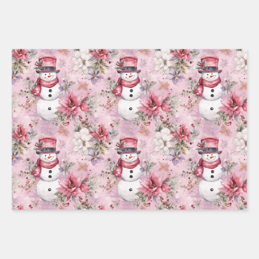 Rosa Weihnachten Winter Snowmen Florenz Wasserfarb Geschenkpapier Set (Vorderseite)