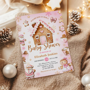 Rosa Weihnachts-Baby-Party mit Lebkuchenhäuschen Einladung