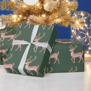 Rosa Weihnachts-Blumen-Rentier-Wald Vintage  Geschenkpapier