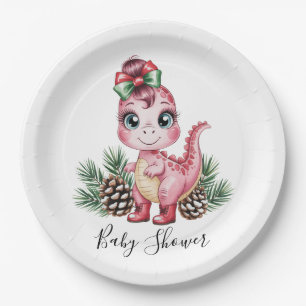 Rosa Weihnachts-Dino-Mädchen-Baby-Party Pappteller