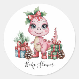 Rosa Weihnachts-Dino-Mädchen-Baby-Party Runder Aufkleber