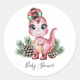 Rosa Weihnachts-Dino-Mädchen-Baby-Party Runder Aufkleber