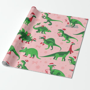 rosa Weihnachts-Dinos Stegosaurus Triceratops Geschenkpapier