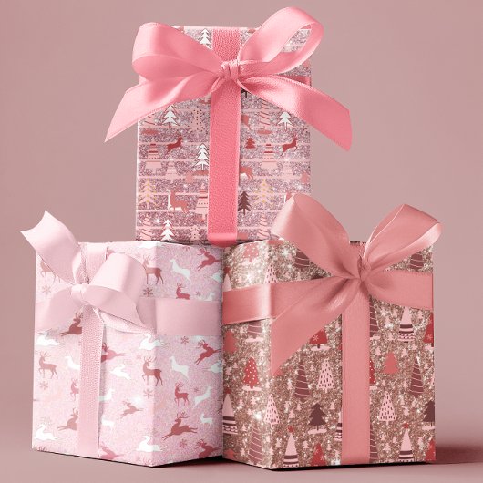 Rosa Weihnachts Glitzer Look Bäume Rentier Geschenkpapier Set