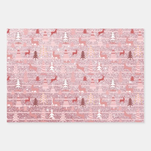 Rosa Weihnachts Glitzer Look Bäume Rentier Geschenkpapier Set (Vorderseite 2)