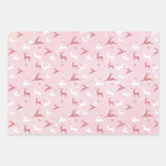 Rosa Weihnachts Glitzer Look Bäume Rentier Geschenkpapier Set (Vorderseite)