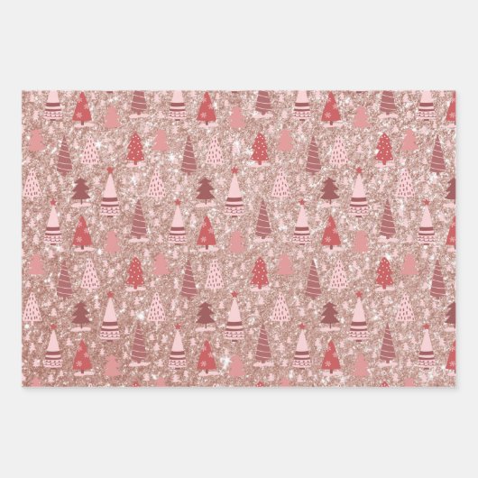 Rosa Weihnachts Glitzer Look Bäume Rentier Geschenkpapier Set (Vorderseite 3)