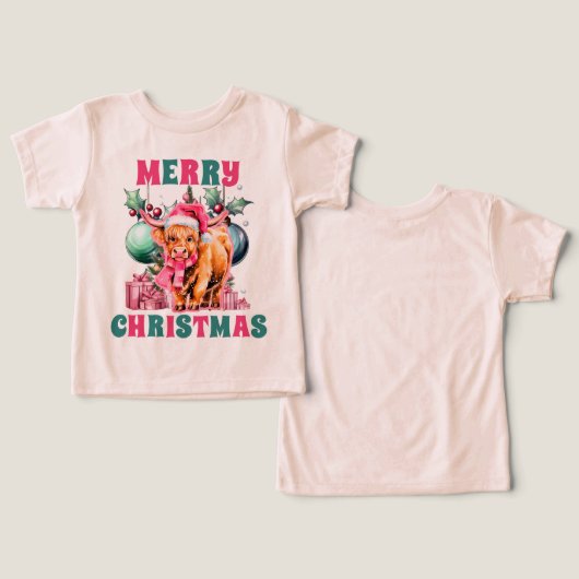Rosa Weihnachts-Hochland Kuh Kleinkind T - Shirt (Design Vorderseite & Rückseite)