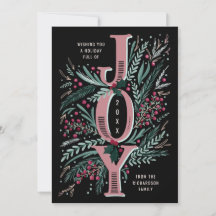 Rosa Weihnachts-Joy Hand Drawn Foliage auf schwarz
