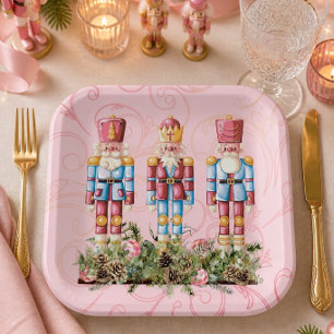 Rosa Weihnachts-Nussknacker-Trio-Papierplatte Pappteller