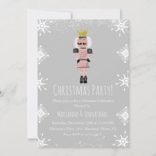 Rosa Weihnachts-Party Nutcracker Snowflakes Einladung (Vorderseite)