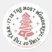 Rosa Weihnachts Retro Runder Aufkleber (Vorderseite)