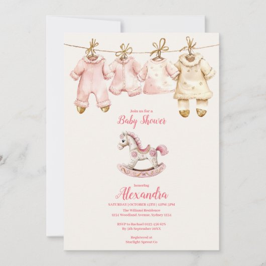 Rosa Weihnachts Rocking Horse Kinderdusche Einladung (Vorderseite)