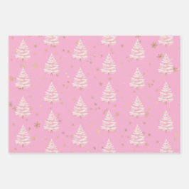 Rosa Weihnachtsbaum Goldene Schneeflocken Geschenkpapier Set