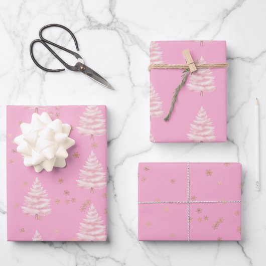 Rosa Weihnachtsbaum Goldene Schneeflocken Geschenkpapier Set (Vorderseite)