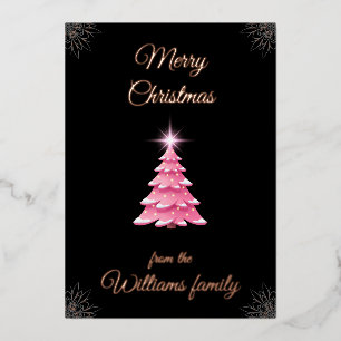 Rosa Weihnachtsbaum mit Familienname Folien Feiertagskarte