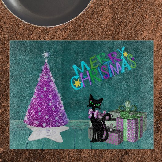 Rosa Weihnachtsbaum Schwarze Katze Eingepacktes Ge Schneidebrett