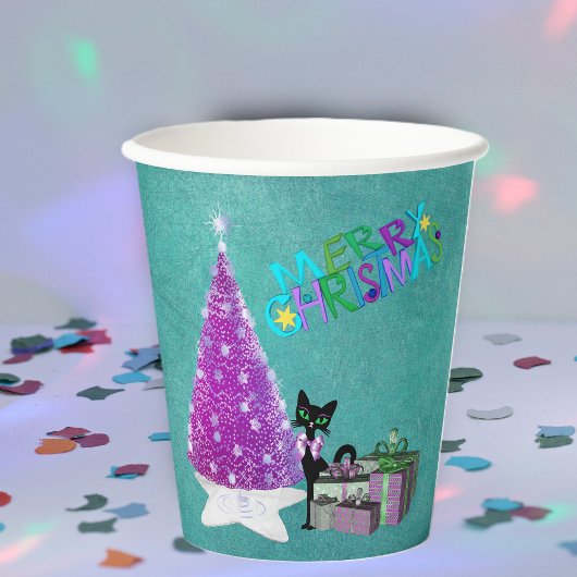 Rosa Weihnachtsbaum schwarze Katze verpackte Gesch Pappbecher