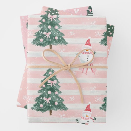 Rosa Weihnachtsbaum Snowman Playful Snowflakes Geschenkpapier Set (Beispiel)