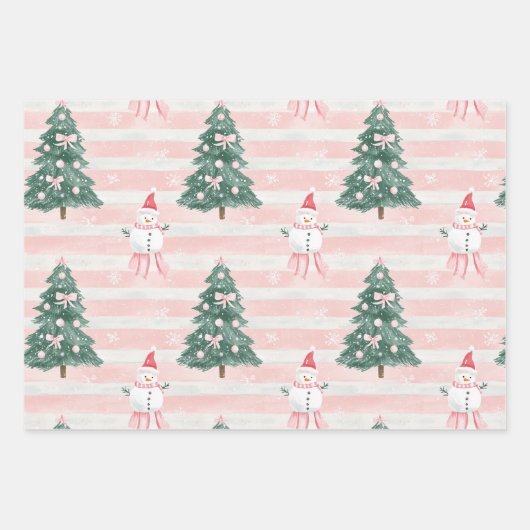 Rosa Weihnachtsbaum Snowman Playful Snowflakes Geschenkpapier Set (Vorderseite)
