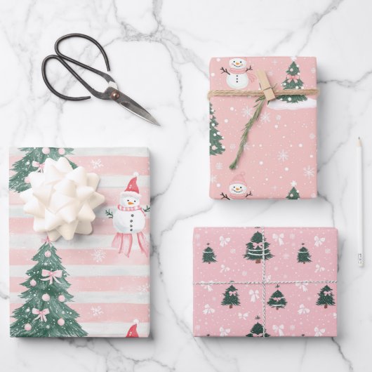 Rosa Weihnachtsbaum Snowman Playful Snowflakes Geschenkpapier Set (Vorderseite)