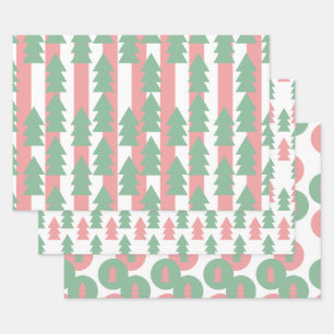 Rosa Weihnachtsbaum-Streifen und Punkte-Ornamente Geschenkpapier Set
