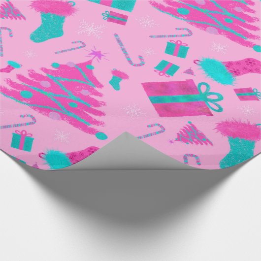 Rosa Weihnachtsbaum Strumpf Bonbons Geschenke Geschenkpapier (Ecke)