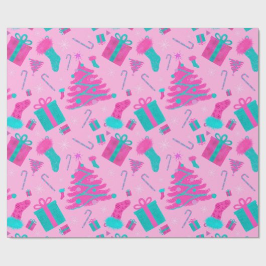 Rosa Weihnachtsbaum Strumpf Bonbons Geschenke Geschenkpapier (Flach)