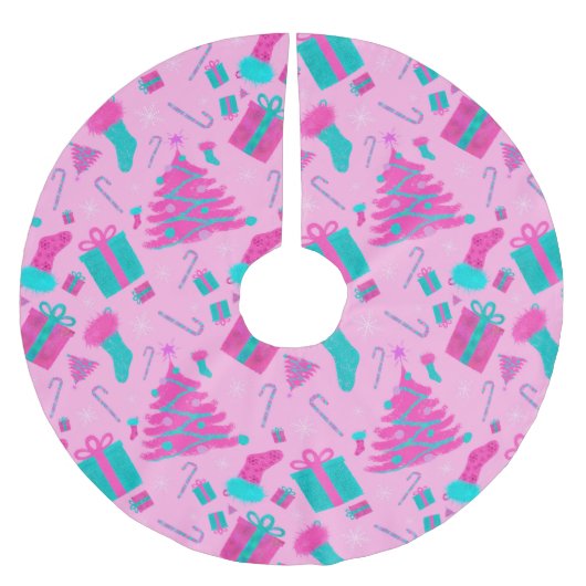 Rosa Weihnachtsbaum Strumpf Bonbons Geschenke Polyester Weihnachtsbaumdecke (Vorderseite)
