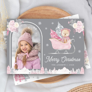 Rosa Weihnachtsbaum Süßer Teddy Bogen Foto Grau Feiertagskarte