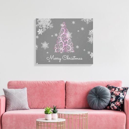 Rosa Weihnachtsbaum und Schneeflocken Canvas Print Leinwanddruck (Insitu (Wohnzimmer))